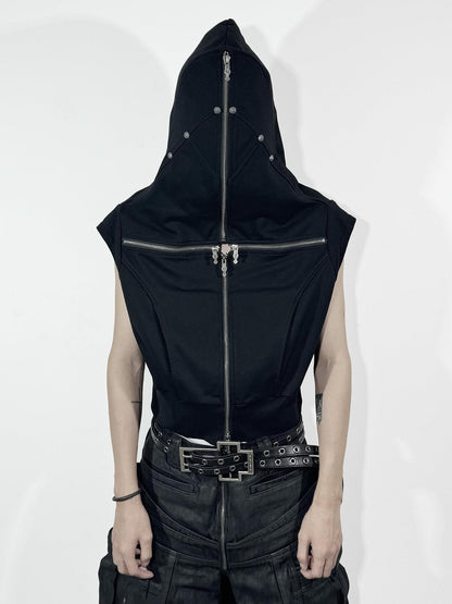 ATAnothingness Soft Cotton Blend Hooded Open Front Unisex Student Black Standard Fit Vests