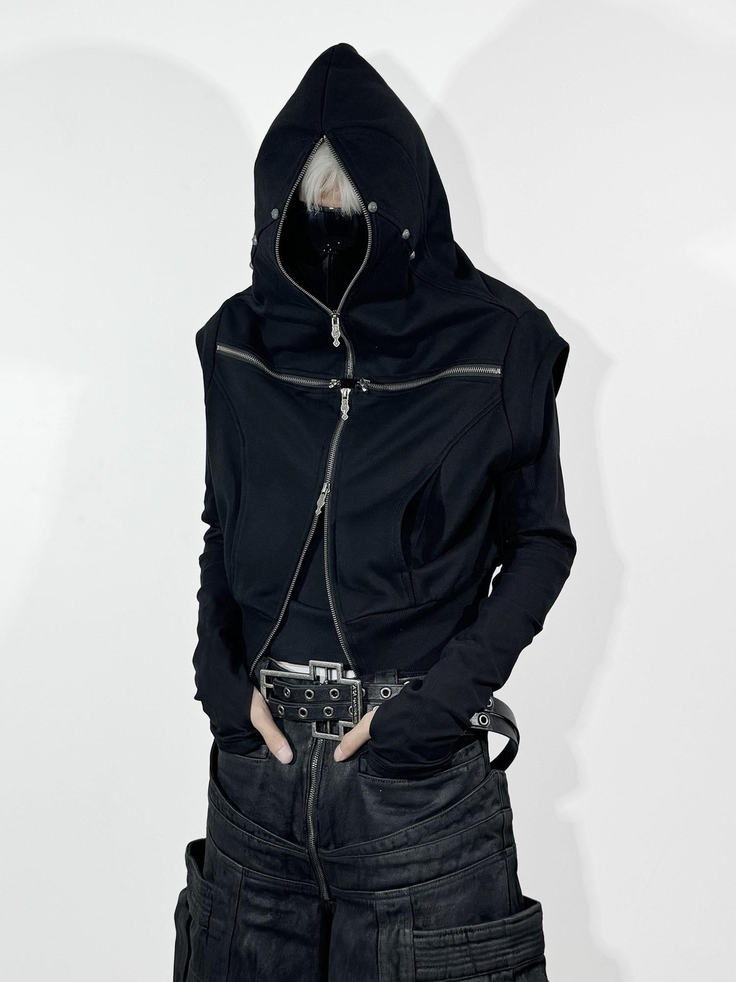 ATAnothingness Soft Cotton Blend Hooded Open Front Unisex Student Black Standard Fit Vests