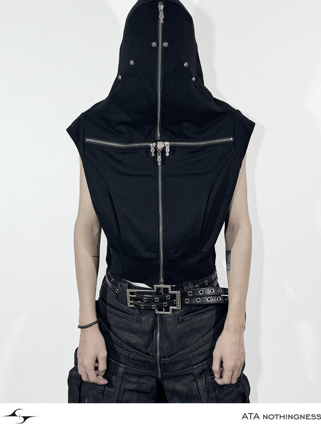 ATAnothingness Soft Cotton Blend Hooded Open Front Unisex Student Black Standard Fit Vests