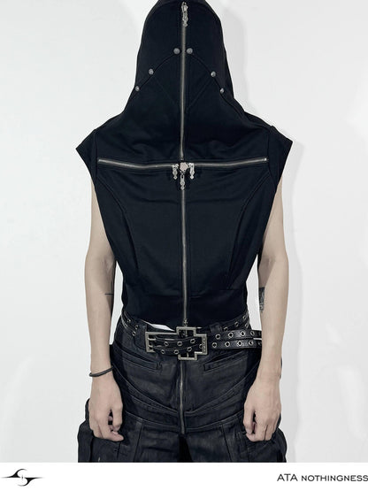 ATAnothingness Soft Cotton Blend Hooded Open Front Unisex Student Black Standard Fit Vests