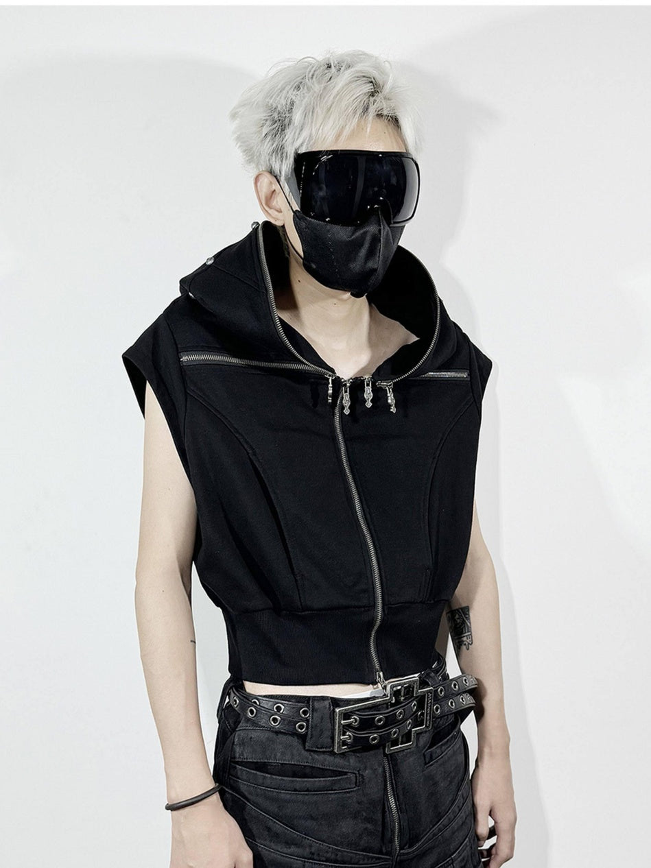 ATAnothingness Soft Cotton Blend Hooded Open Front Unisex Student Black Standard Fit Vests