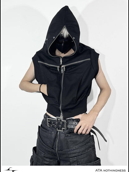 ATAnothingness Soft Cotton Blend Hooded Open Front Unisex Student Black Standard Fit Vests