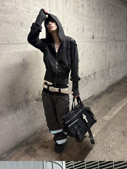 ATAnothingness Washed Black Leather Shoulder Multi Pocket Zip Women&