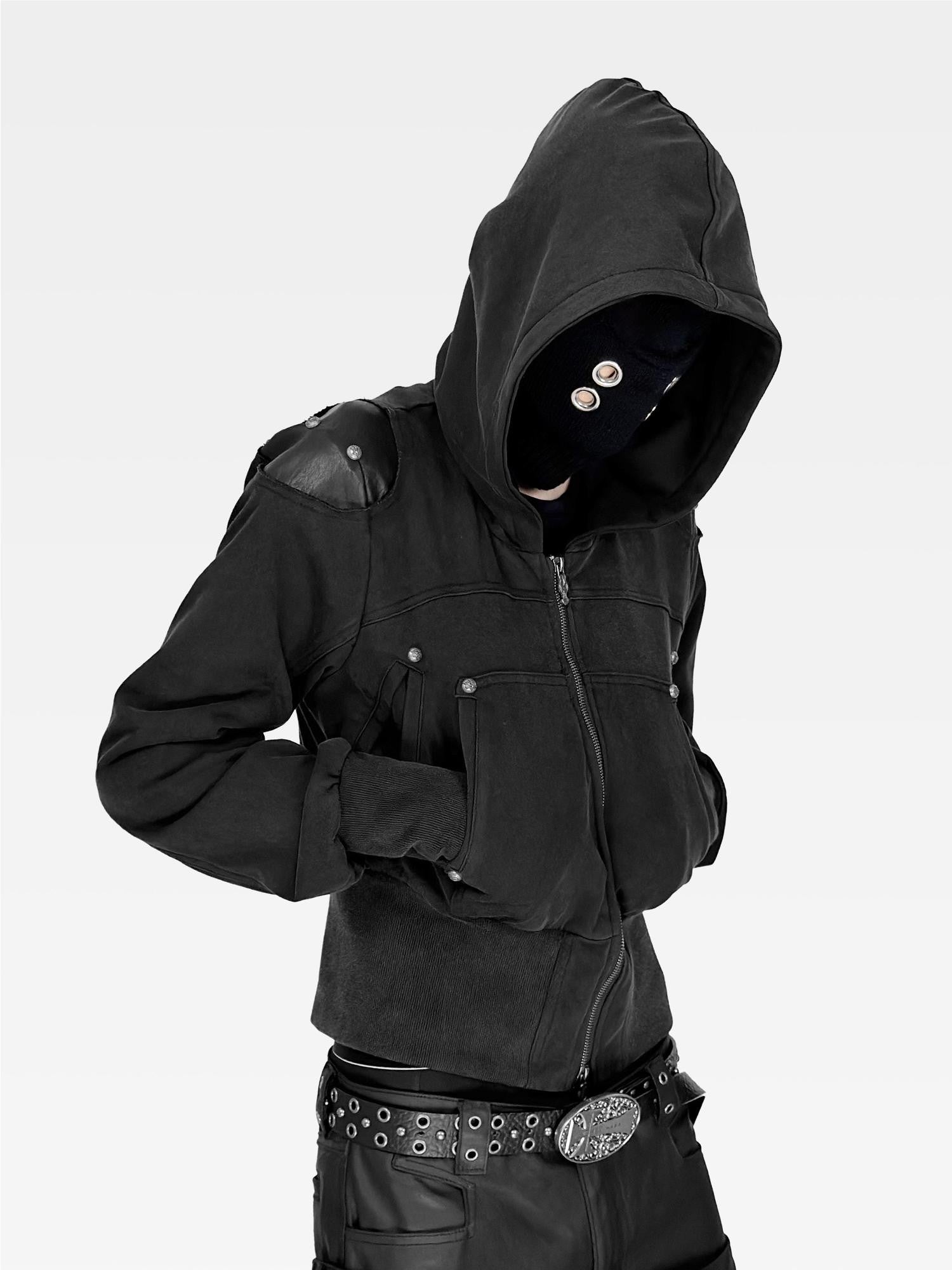 ATAnothingness Washed Black Leather Shoulder Multi Pocket Zip Women&