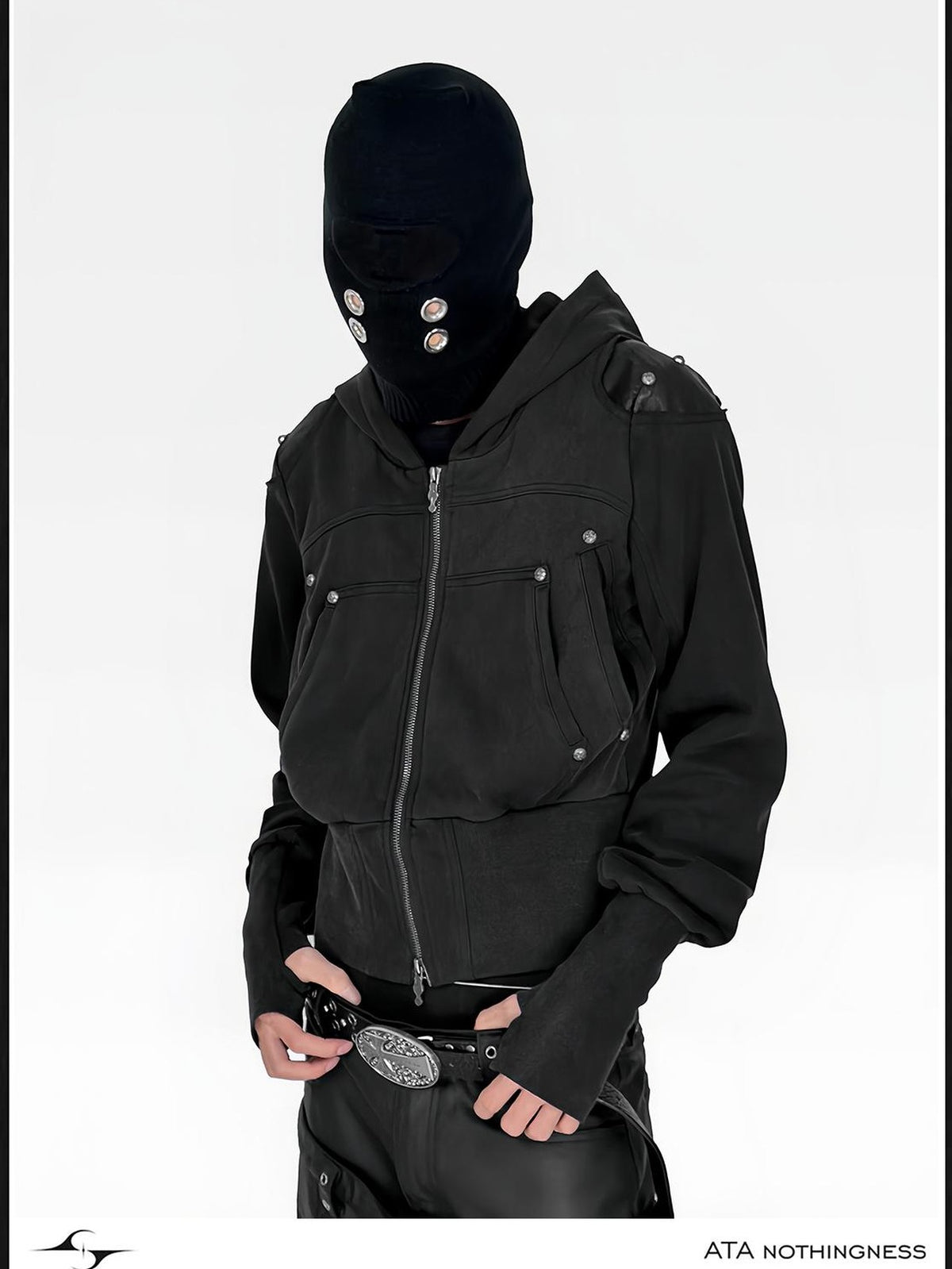 ATAnothingness Washed Black Leather Shoulder Multi Pocket Zip Women&