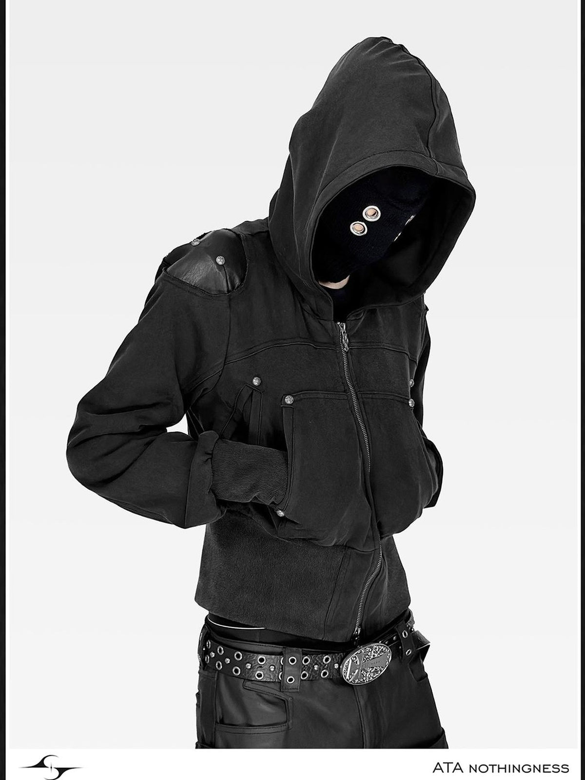 ATAnothingness Washed Black Leather Shoulder Multi Pocket Zip Women&