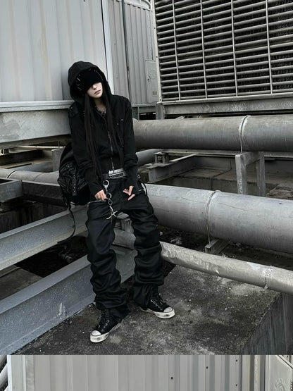 ATAnothingness Washed Black Leather Shoulder Multi Pocket Zip Women&