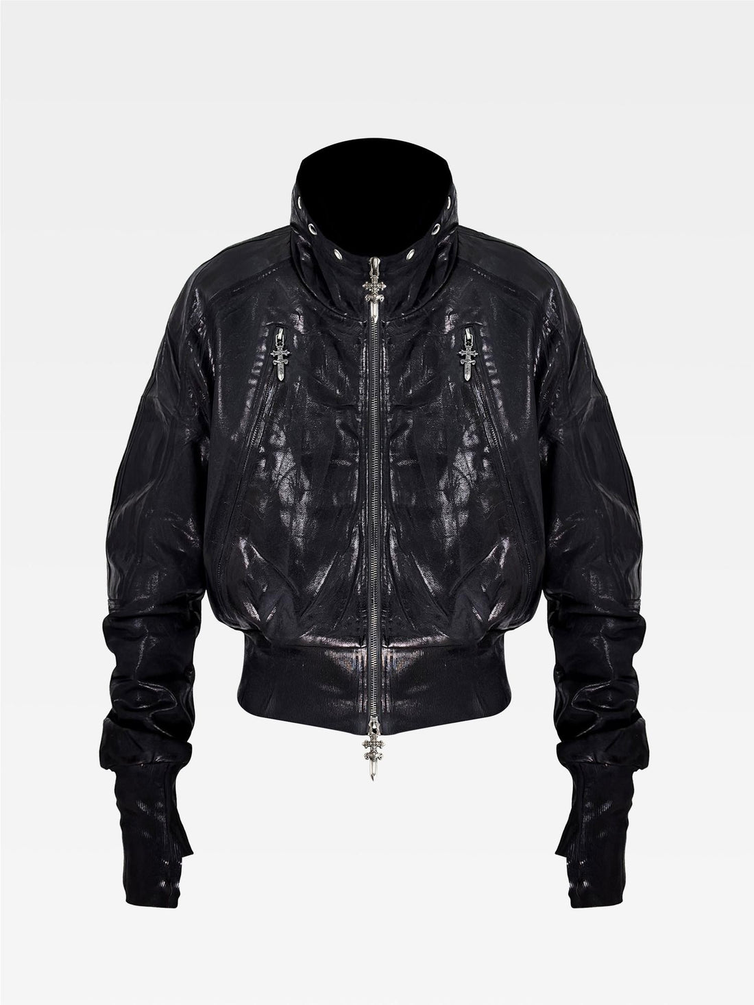 ATAnothingness Waxed Foil Stamped Stand Collar Raglan Leather Zipper Women&