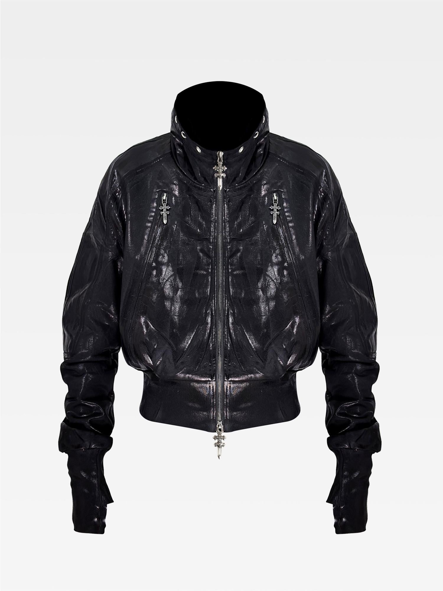 ATAnothingness Waxed Foil Stamped Stand Collar Raglan Leather Zipper Women&
