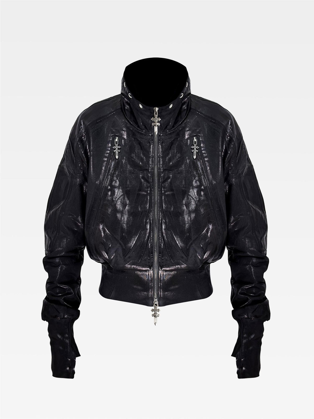 ATAnothingness Waxed Foil Stamped Stand Collar Raglan Leather Zipper Women&