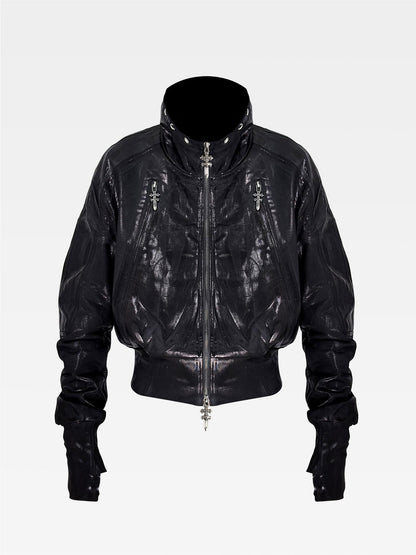 ATAnothingness Waxed Foil Stamped Stand Collar Raglan Leather Zipper Women&