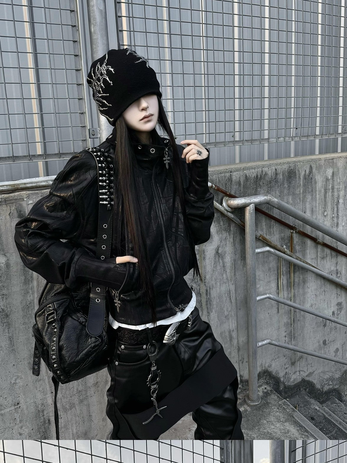ATAnothingness Waxed Foil Stamped Stand Collar Raglan Leather Zipper Women&