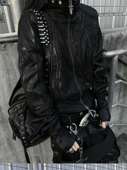 ATAnothingness Waxed Foil Stamped Stand Collar Raglan Leather Zipper Women&