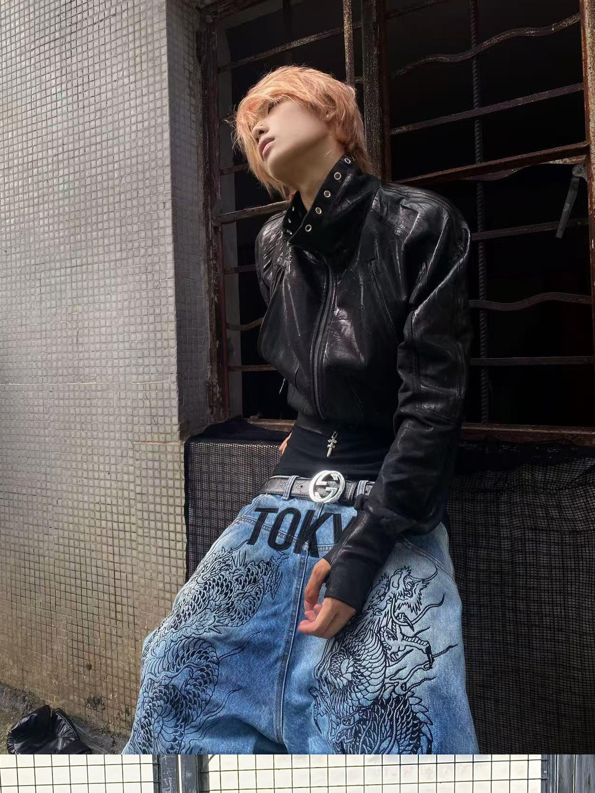 ATAnothingness Waxed Foil Stamped Stand Collar Raglan Leather Zipper Women&