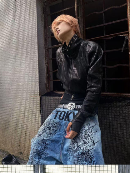 ATAnothingness Waxed Foil Stamped Stand Collar Raglan Leather Zipper Women&