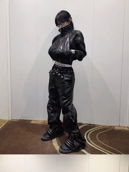 ATAnothingness Waxed Foil Stamped Stand Collar Raglan Leather Zipper Women&