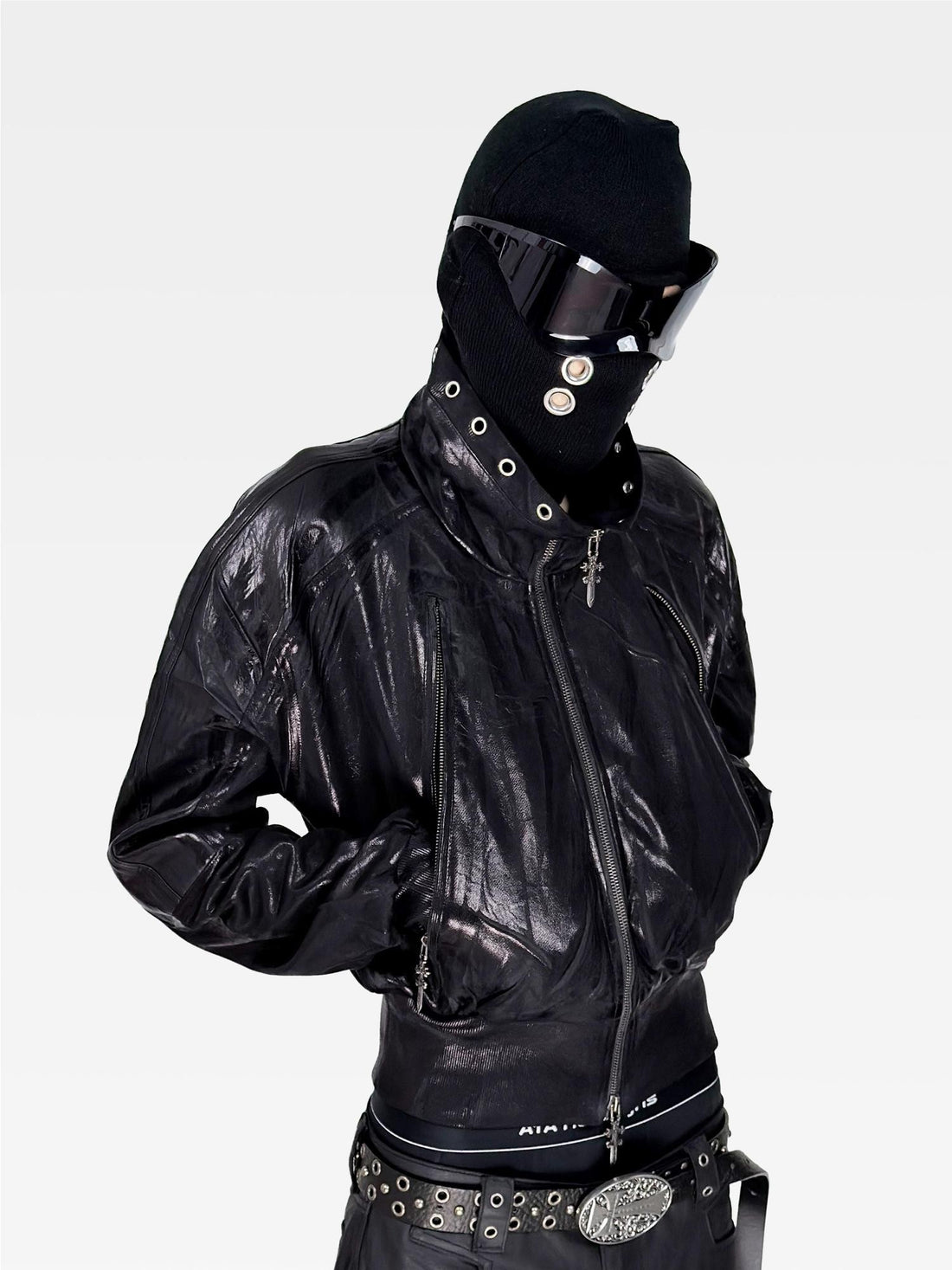 ATAnothingness Waxed Foil Stamped Stand Collar Raglan Leather Zipper Women&