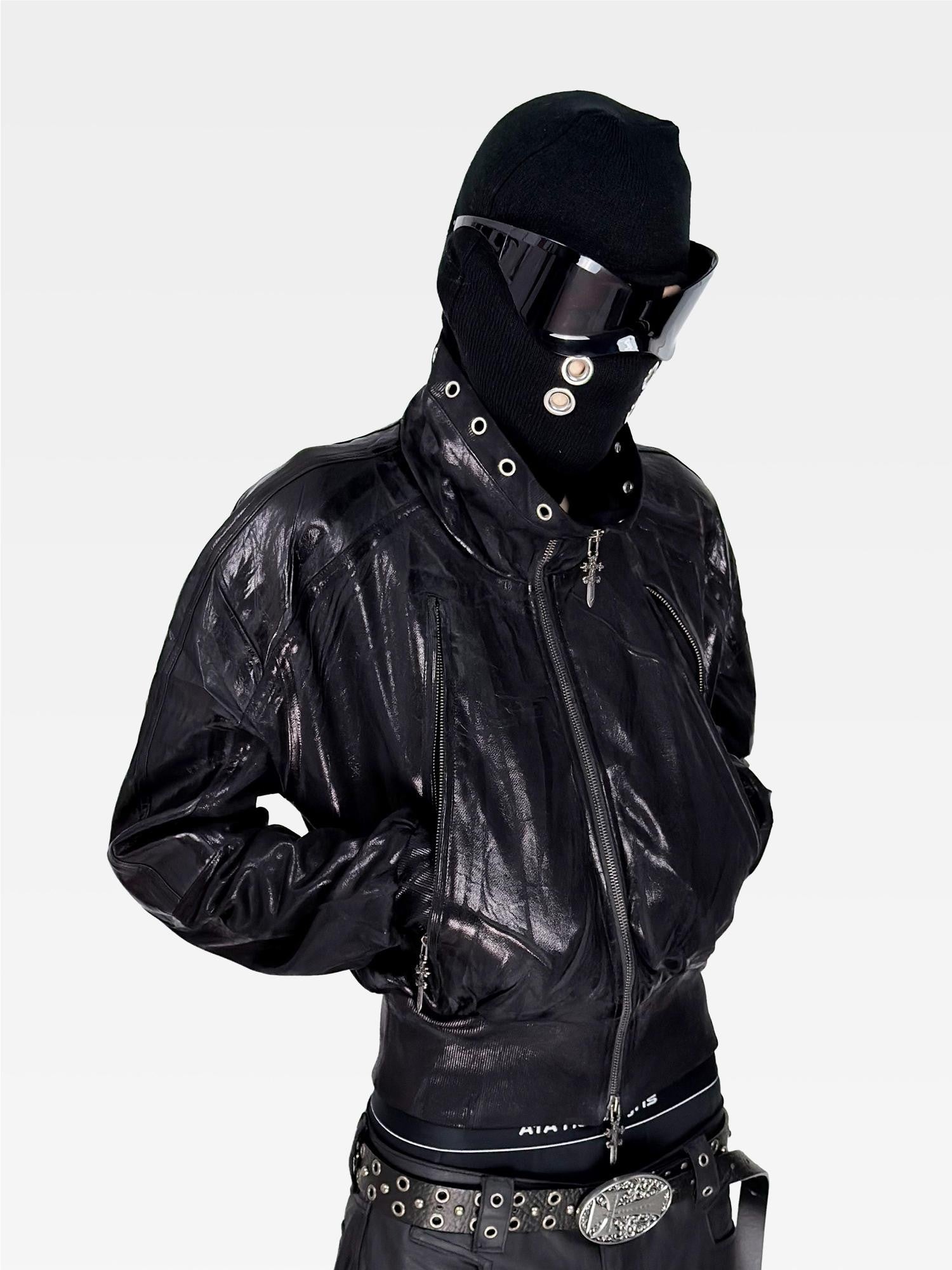 ATAnothingness Waxed Foil Stamped Stand Collar Raglan Leather Zipper Women&