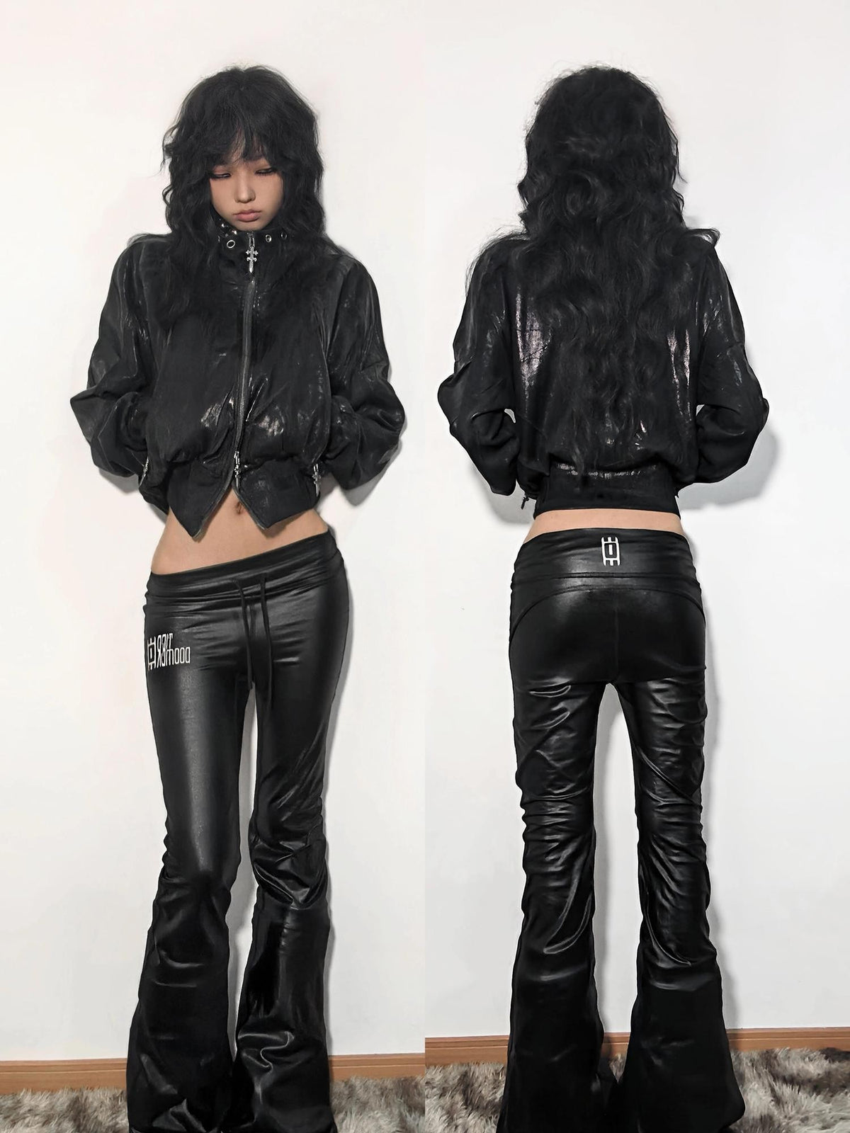 ATAnothingness Waxed Foil Stamped Stand Collar Raglan Leather Zipper Women&