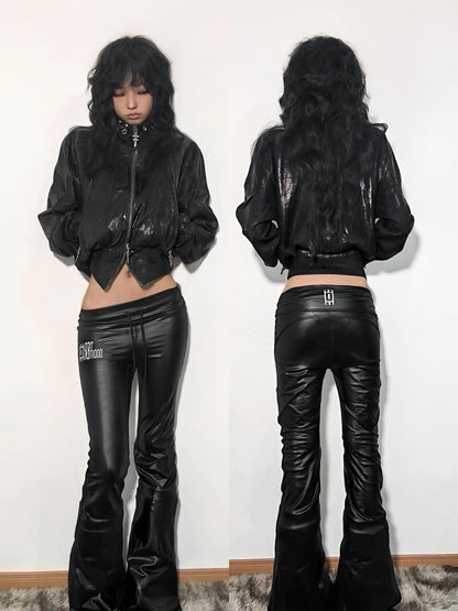 ATAnothingness Waxed Foil Stamped Stand Collar Raglan Leather Zipper Women&