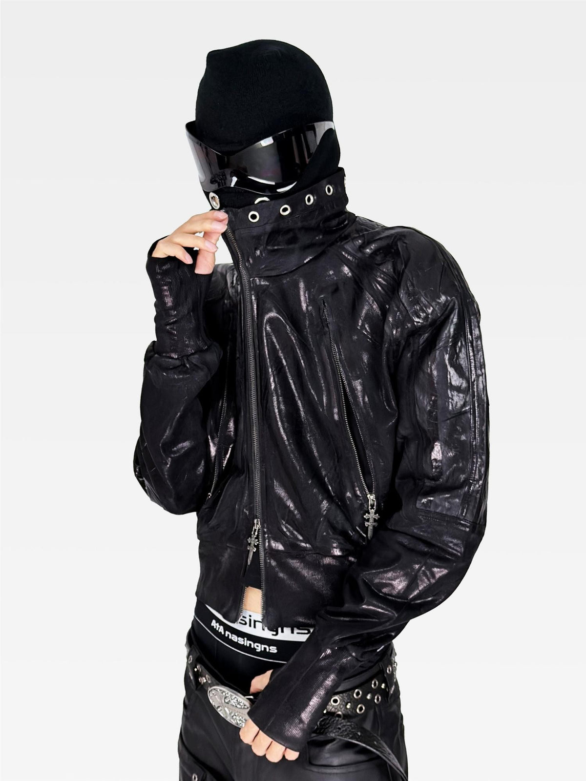 ATAnothingness Waxed Foil Stamped Stand Collar Raglan Leather Zipper Women&