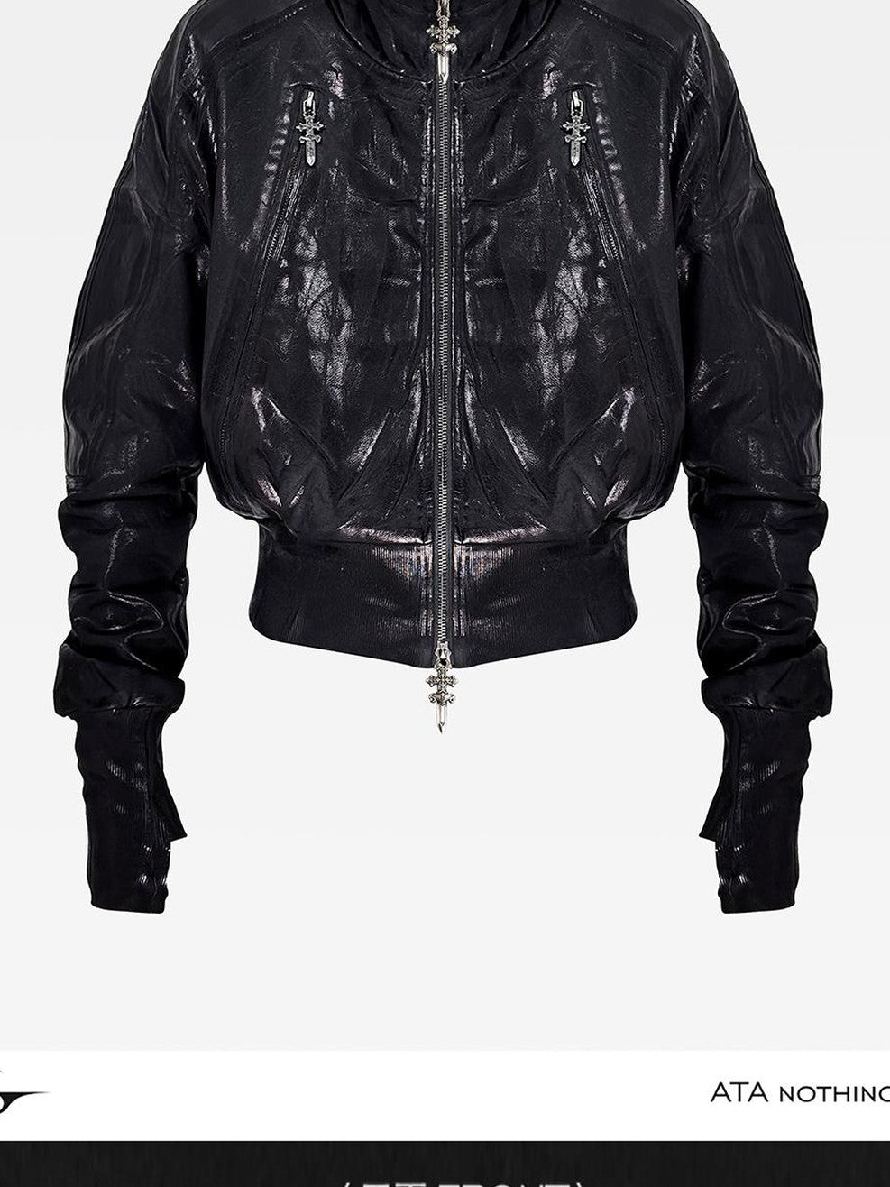 ATAnothingness Waxed Foil Stamped Stand Collar Raglan Leather Zipper Women&