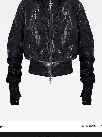 ATAnothingness Waxed Foil Stamped Stand Collar Raglan Leather Zipper Women&