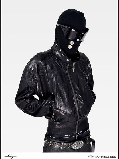 ATAnothingness Waxed Foil Stamped Stand Collar Raglan Leather Zipper Women&