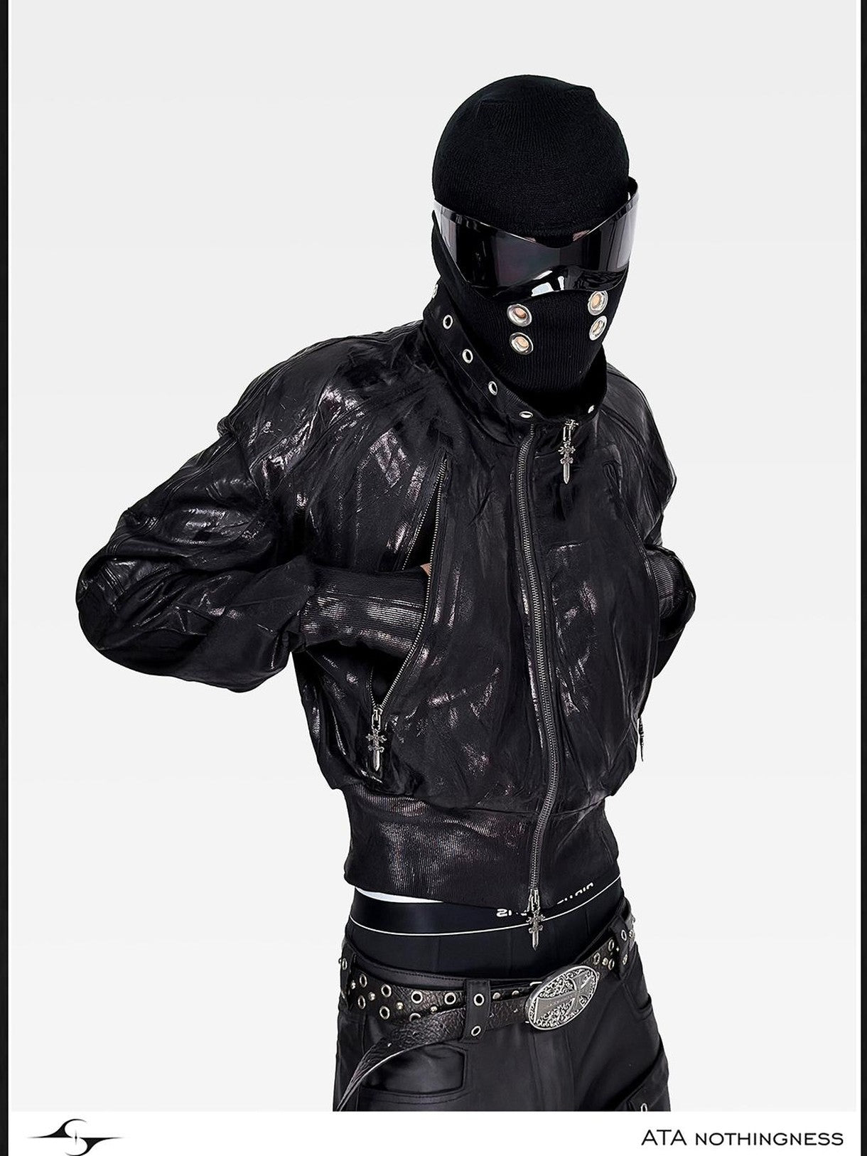 ATAnothingness Waxed Foil Stamped Stand Collar Raglan Leather Zipper Women&