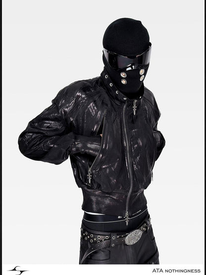 ATAnothingness Waxed Foil Stamped Stand Collar Raglan Leather Zipper Women&
