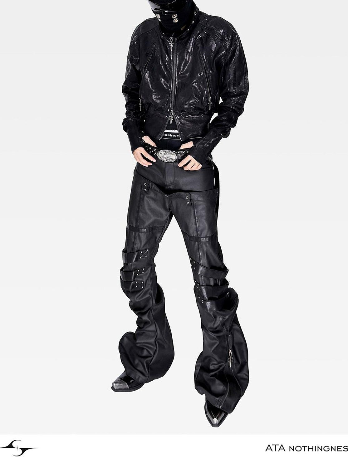 ATAnothingness Waxed Foil Stamped Stand Collar Raglan Leather Zipper Women&