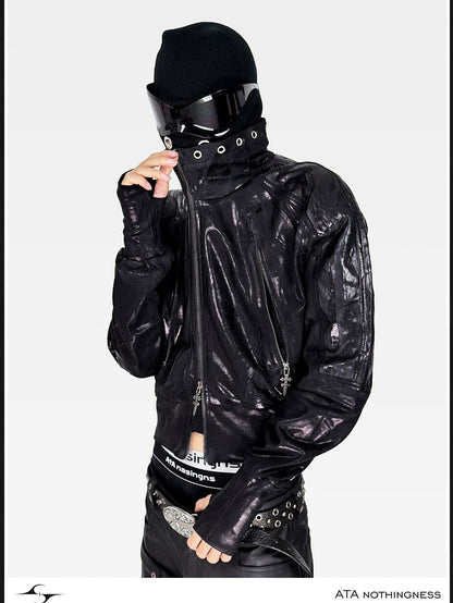 ATAnothingness Waxed Foil Stamped Stand Collar Raglan Leather Zipper Women&