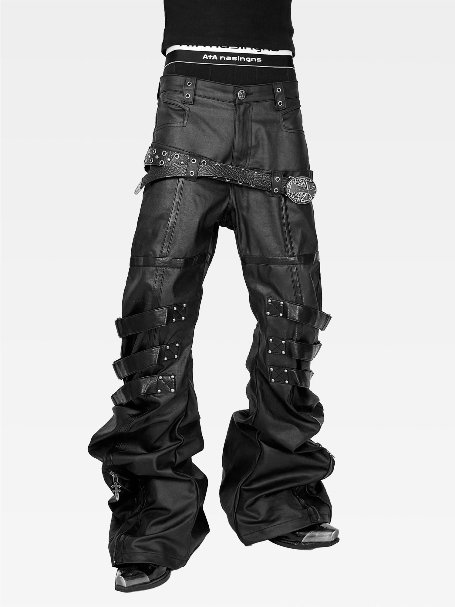 ATAnothingness Waxed Leather Trim Double Waist Stacked Straps Slim Women&
