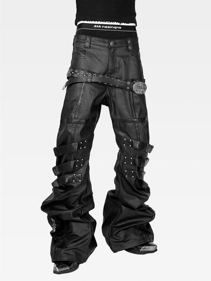 ATAnothingness Waxed Leather Trim Double Waist Stacked Straps Slim Women&
