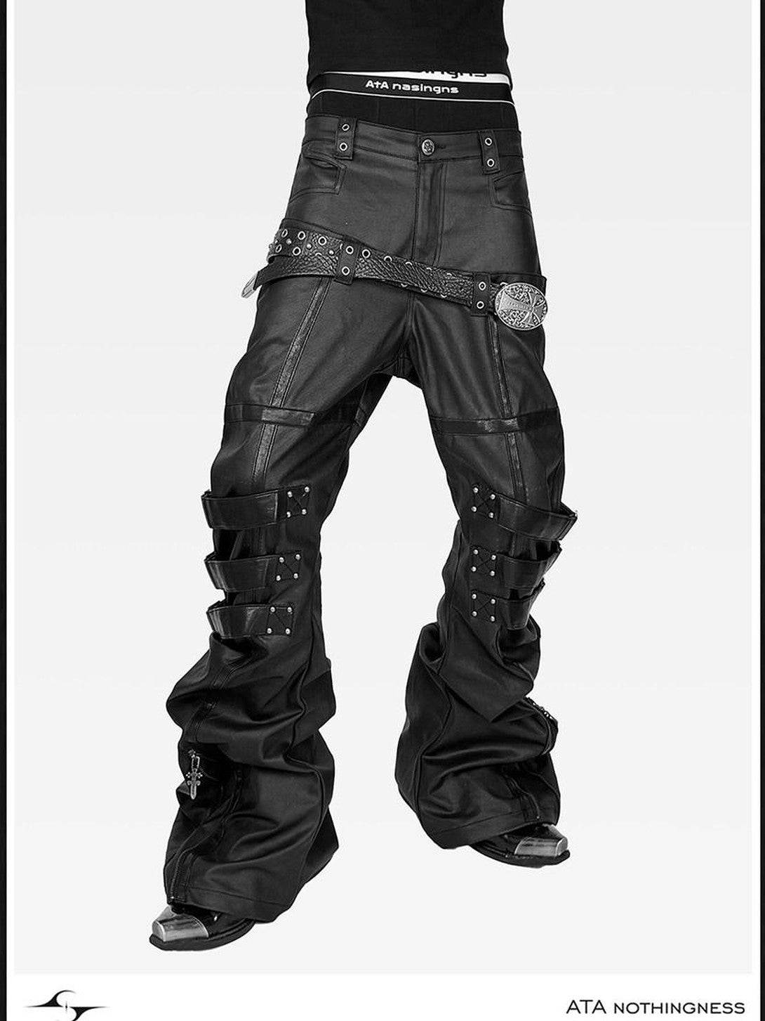 ATAnothingness Waxed Leather Trim Double Waist Stacked Straps Slim Women&