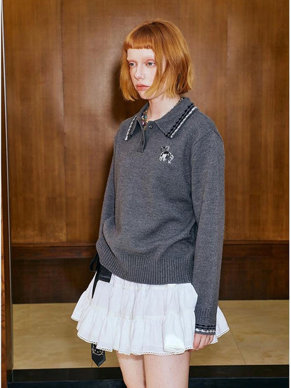 Academy Style Polo Knit With Embroidered Kitty And Heart