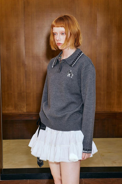 DIDDI MODA Academy Style Polo Knit With Embroidered Kitty And Heart