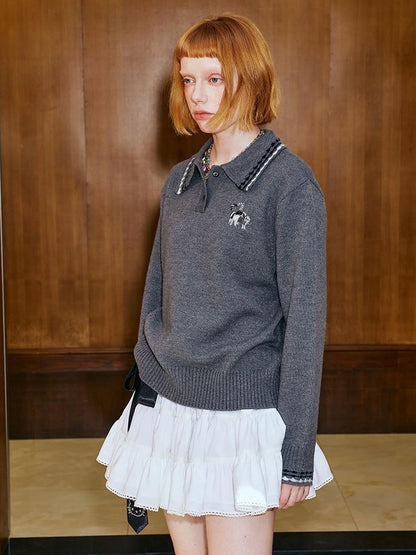 Academy Style Polo Knit With Embroidered Kitty And Heart