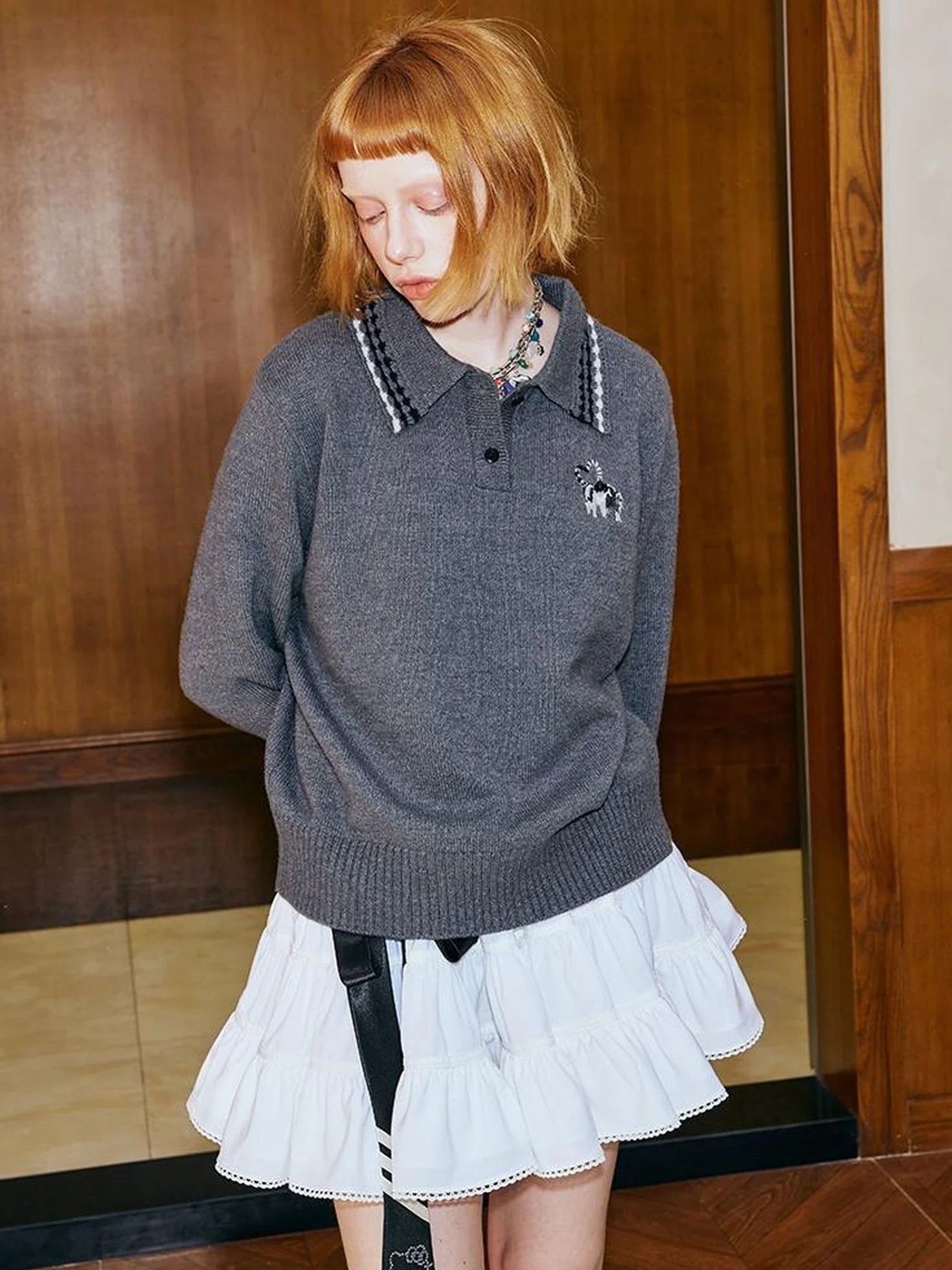 Academy Style Polo Knit With Embroidered Kitty And Heart