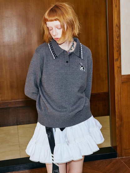 Academy Style Polo Knit With Embroidered Kitty And Heart