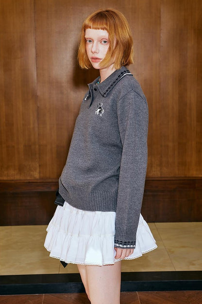 DIDDI MODA Academy Style Polo Knit With Embroidered Kitty And Heart