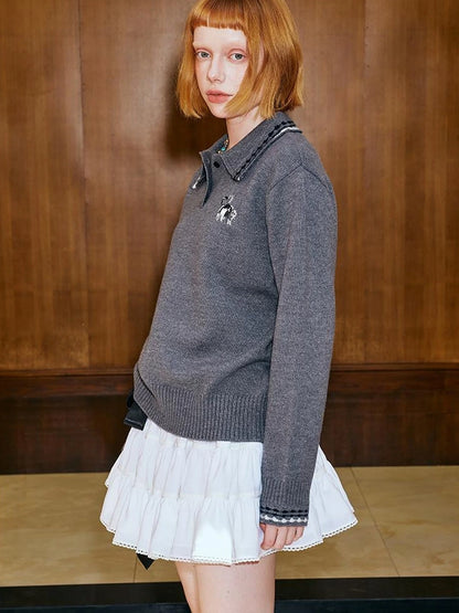 Academy Style Polo Knit With Embroidered Kitty And Heart