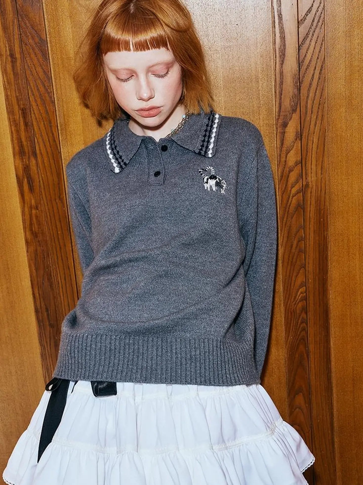 Academy Style Polo Knit With Embroidered Kitty And Heart