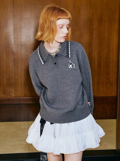 Academy Style Polo Knit With Embroidered Kitty And Heart