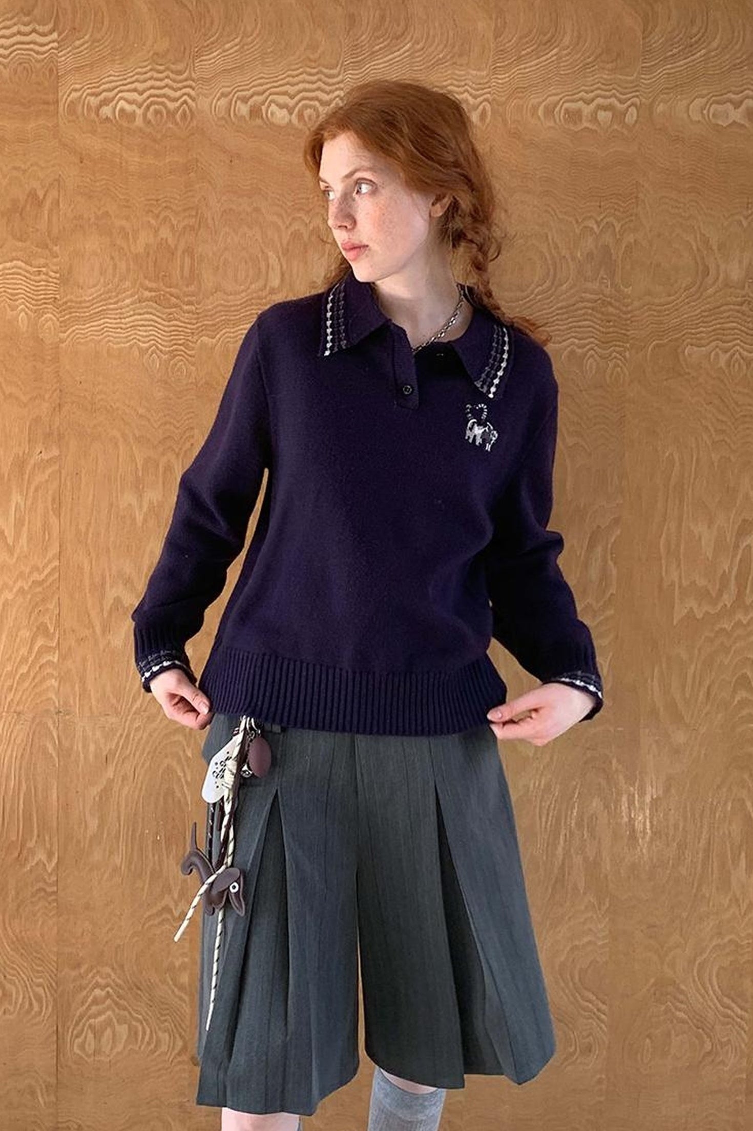 DIDDI MODA Academy Style Polo Knit With Embroidered Kitty And Heart