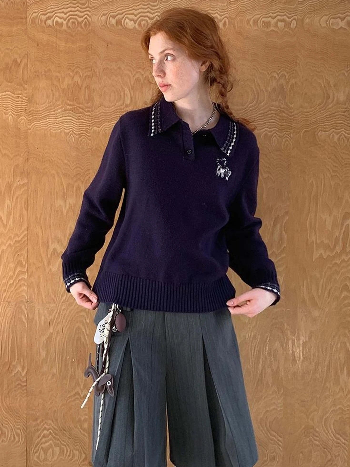 Academy Style Polo Knit With Embroidered Kitty And Heart