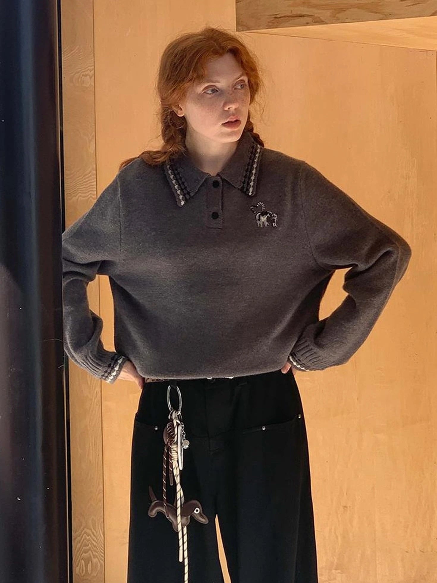 Academy Style Polo Knit With Embroidered Kitty And Heart