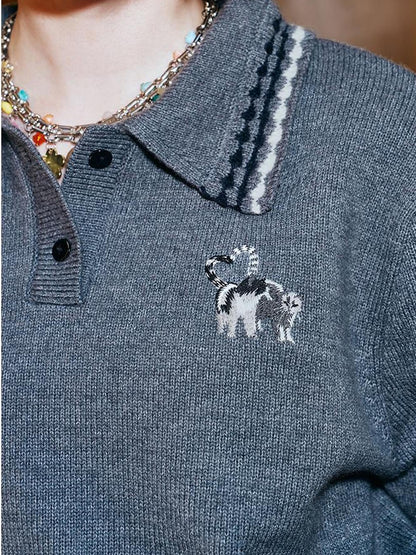 DIDDI MODA Academy Style Polo Knit With Embroidered Kitty And Heart
