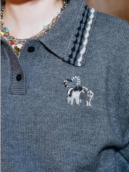 Academy Style Polo Knit With Embroidered Kitty And Heart