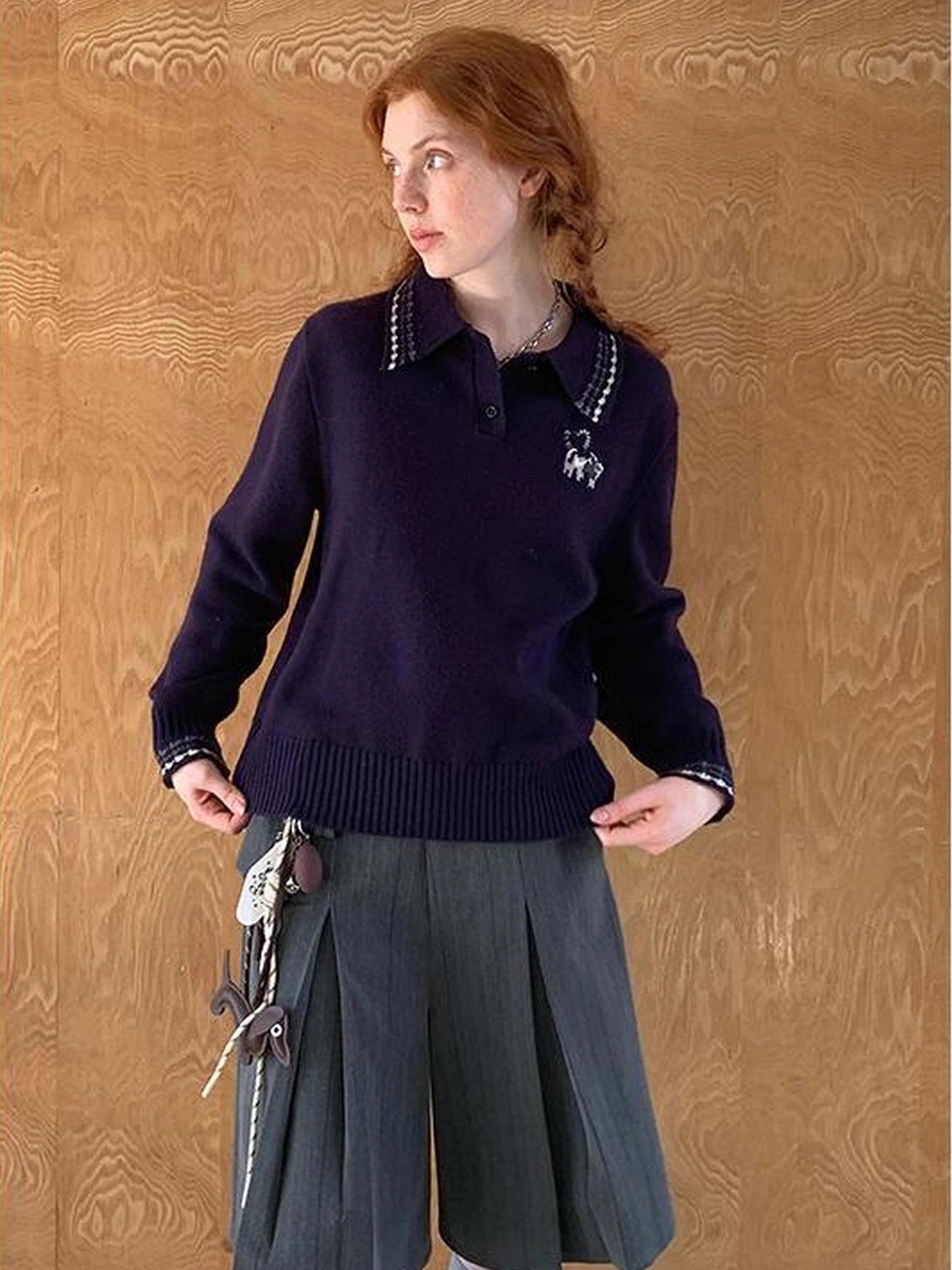 Academy Style Polo Knit With Embroidered Kitty And Heart